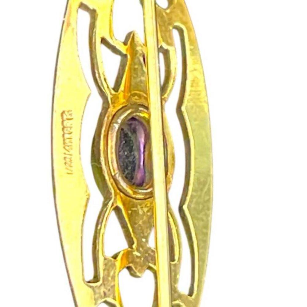 Antique Art Deco 14K 1/20 GF Ornate Mini Bar Brooch Pin+ Paste Amethyst 1.5x.5 - Picture 2 of 9
